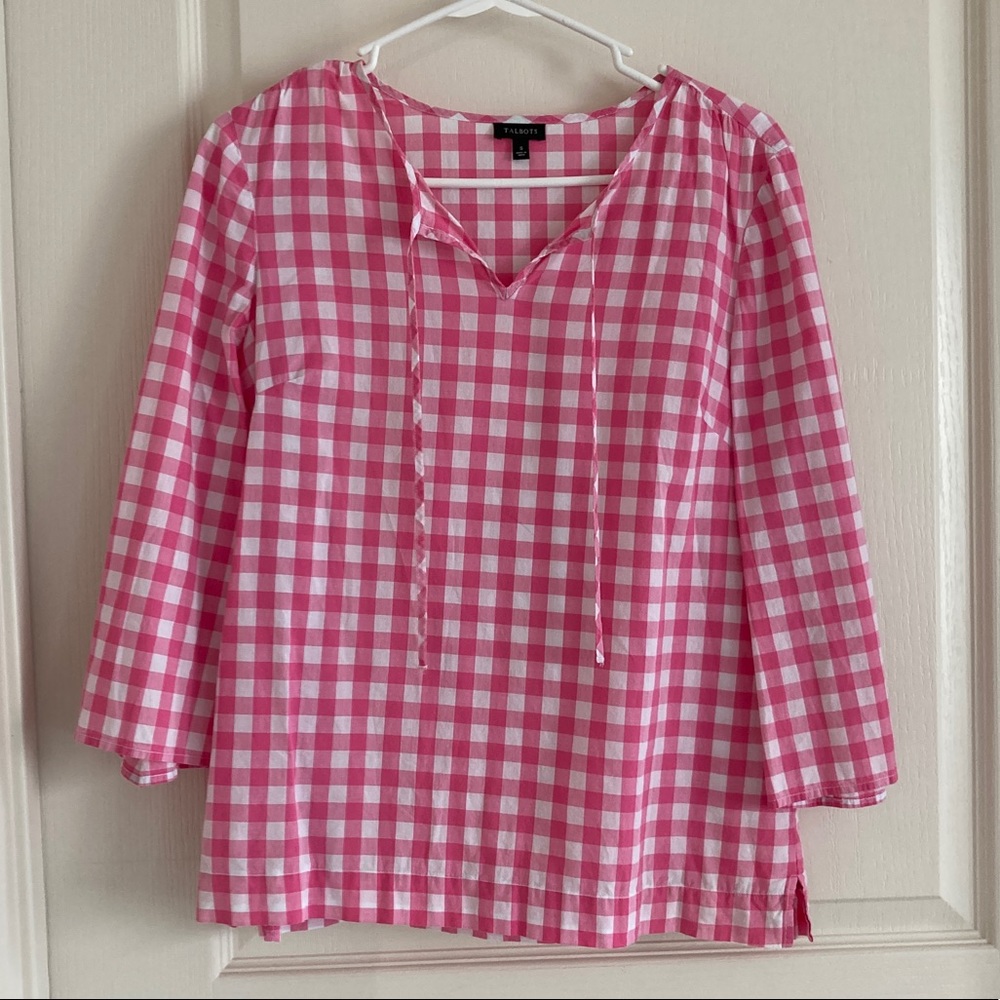 Talbots pink gingham long sleeve tunic blouse S